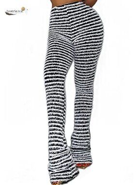 High Waist Striped Fuzzy Knit Bell Bottom Pants